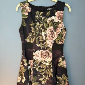 Floral Fit & Flare Dress – Black with Rose Print